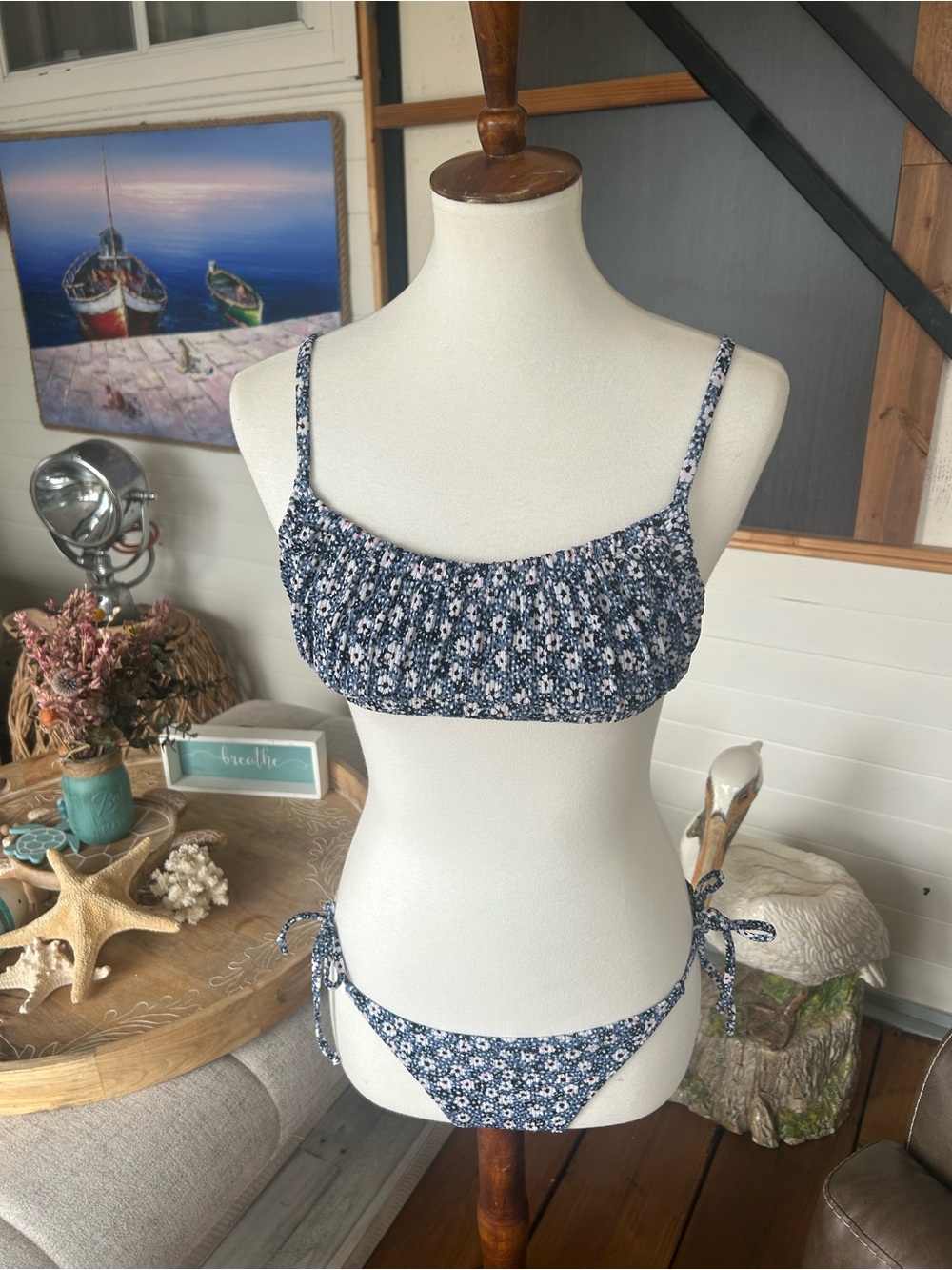 Xhilaration Navy Floral Smocked Tie-Side Bikini
